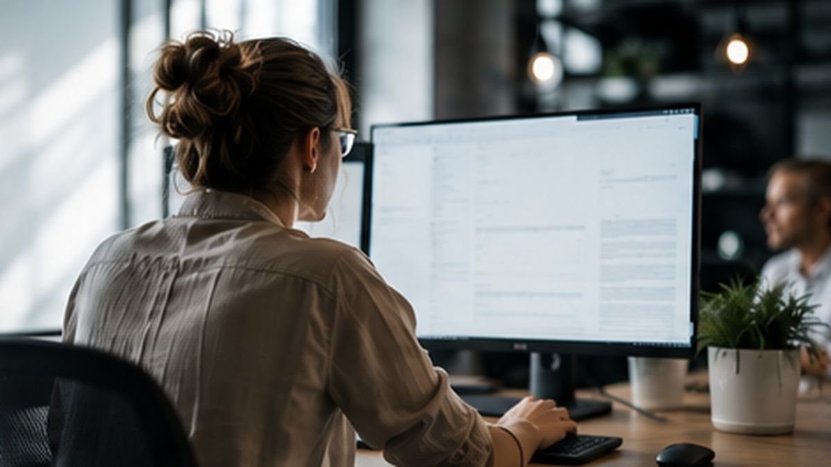 IT-Fachkraft an einem modernen Arbeitsplatz mit großem Bildschirm