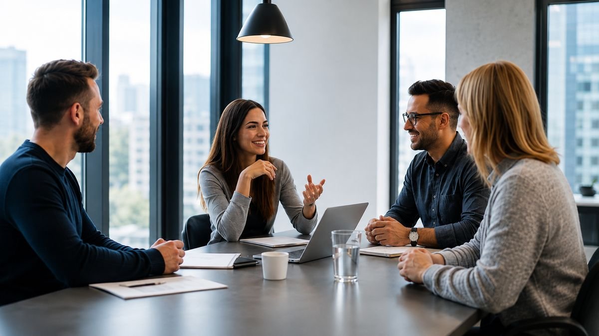 Vier IT-Fachleute im gemeinsamen Austausch in einem modernen Besprechungsraum