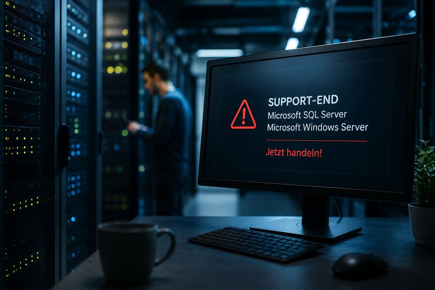 Serverraum mit Hinweis auf das Support-Ende von Microsoft SQL Server und Windows Server