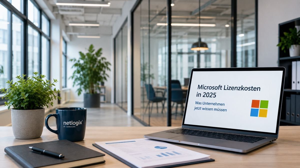 Moderner Arbeitsplatz mit Informationen zu Microsoft Lizenzkosten 2025