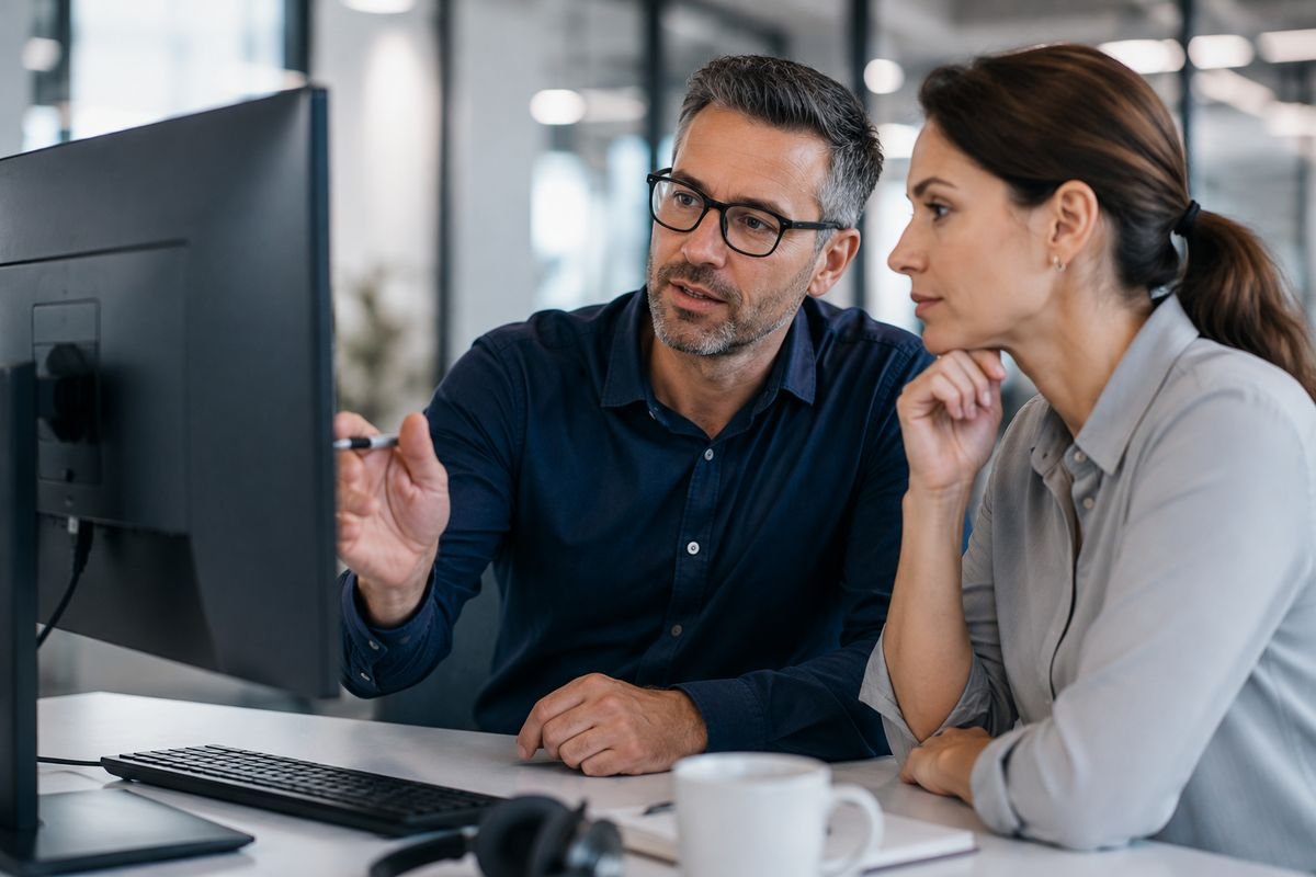 Zwei IT-Fachleute besprechen gemeinsam eine Systemumstellung am Arbeitsplatz